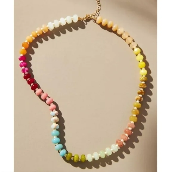 NEW!! Anthropologie Rainbow Multicolor Beaded Stones Gold Plated Necklace - Picture 1 of 7
